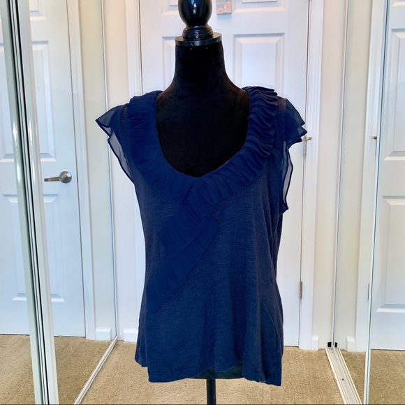 Anthropologie Tops - Anthropologie Navy Sheer Ruffle Cotton Blouse L